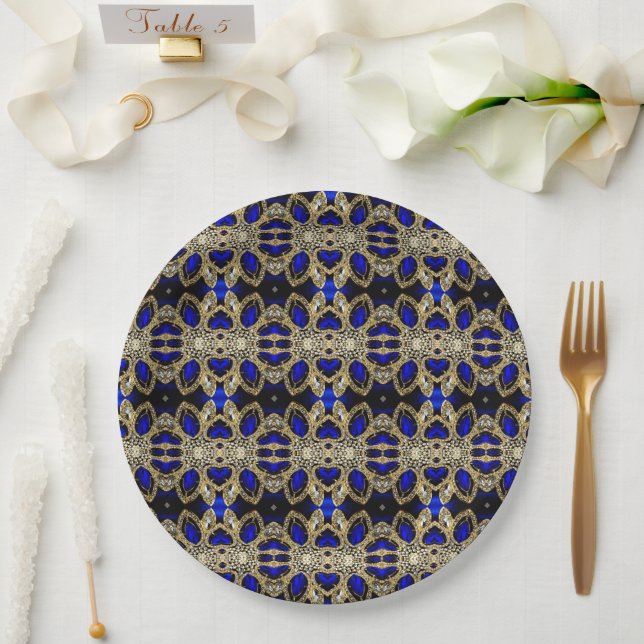Luxury Trendy Stylish Gold Turquoise Cobalt Blue  Paper Plates (Wedding)