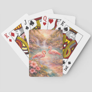 Luxury Tropical Flamingo Paradise Waterfall Gold Poker Cards