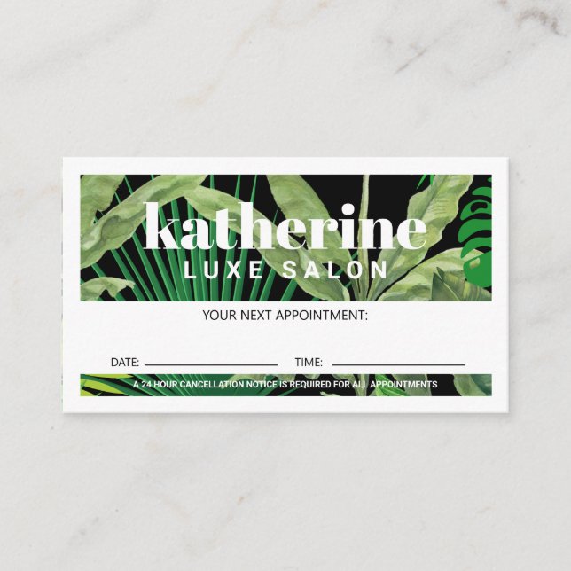 Luxury Tropical Modern Boutique & Salon Black Appointment Card (Front)