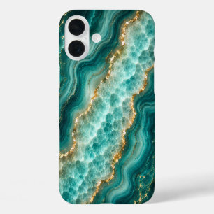 Luxury Turquoise Agate Marble with Gold Veins iPhone 16 Plus Case