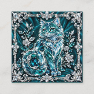 Luxury Turquoise Crystal Cat Silver Frame Square Business Card