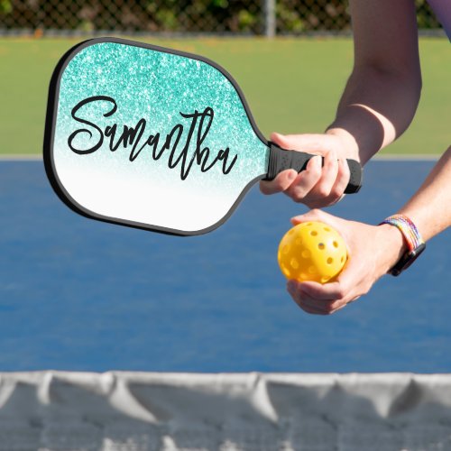 Luxury Turquoise Glitter White Ombre Personalized Pickleball Paddle