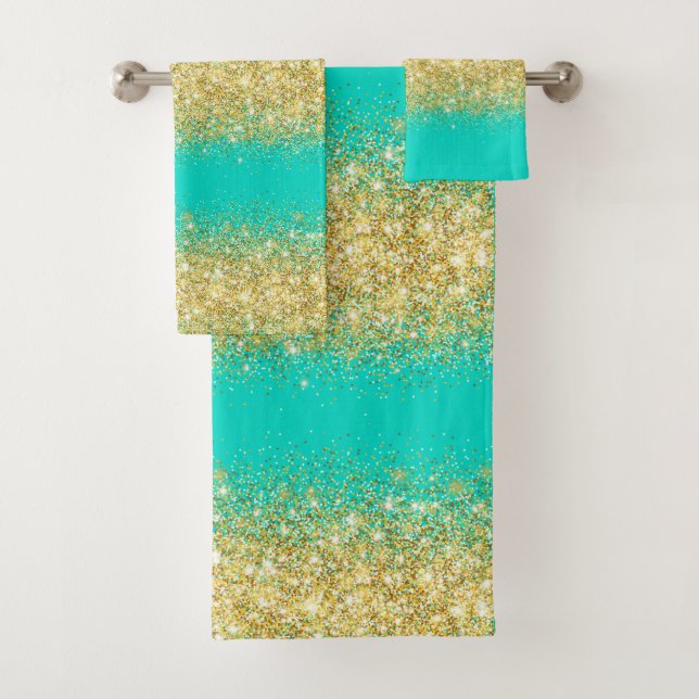 Luxury Turquoise Gold Glitter Bath Towel Set (Insitu)