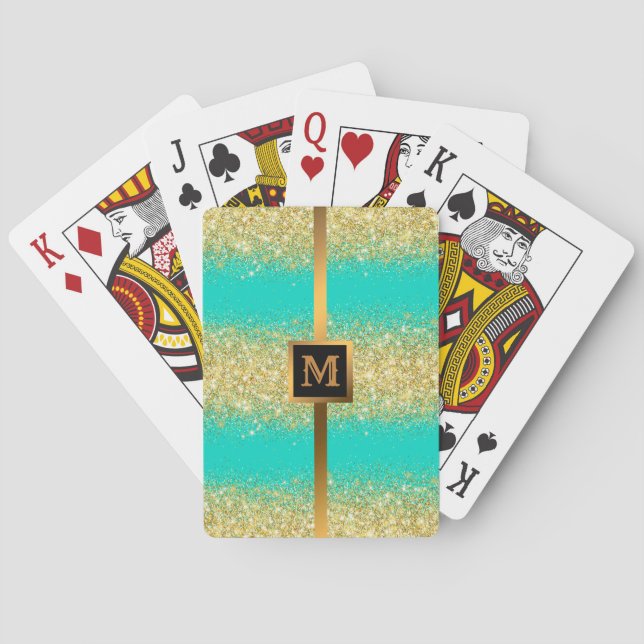 Luxury Turquoise Gold Glitter Poker Cards (Back)