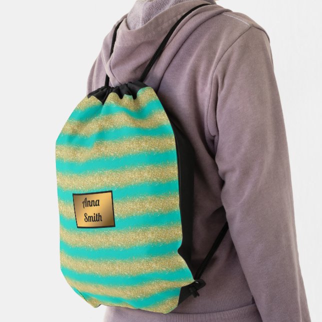 Luxury Turquoise Monogrammed Gold Glitter Drawstring Bag (Insitu)