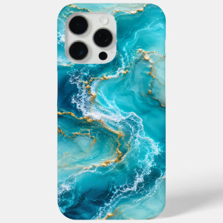 Luxury Turquoise Ocean Marble with Gold Foil Waves iPhone 15 Pro Max Case