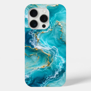 Luxury Turquoise Ocean Marble with Gold Foil Waves iPhone 15 Pro Case