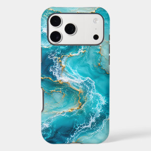 Luxury Turquoise Ocean Marble with Gold Foil Waves iPhone 17 Pro Max Case