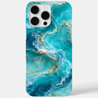 Luxury Turquoise Ocean Marble with Gold Foil Waves