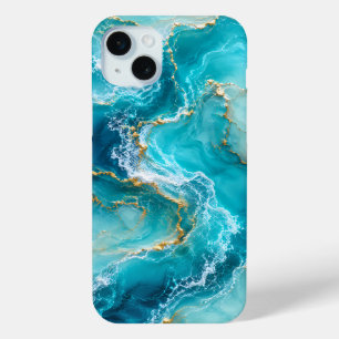 Luxury Turquoise Ocean Marble with Gold Foil Waves iPhone 15 Plus Case