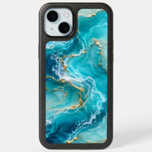 Luxury Turquoise Ocean Marble with Gold Foil Waves iPhone 15 Plus Case