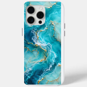 Luxury Turquoise Ocean Marble with Gold Foil Waves iPhone 15 Pro Max Case