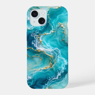 Luxury Turquoise Ocean Marble with Gold Foil Waves iPhone 15 Case
