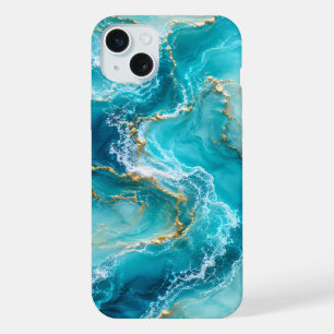 Luxury Turquoise Ocean Marble with Gold Foil Waves iPhone 15 Plus Case
