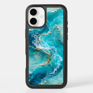 Luxury Turquoise Ocean Marble with Gold Foil Waves iPhone 16 Plus Case