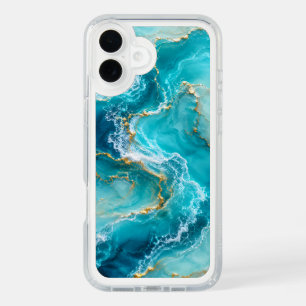 Luxury Turquoise Ocean Marble with Gold Foil Waves iPhone 16 Plus Case