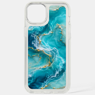 Luxury Turquoise Ocean Marble with Gold Foil Waves iPhone 15 Plus Case