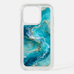 Luxury Turquoise Ocean Marble with Gold Foil Waves iPhone 15 Pro Case