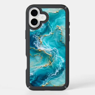 Luxury Turquoise Ocean Marble with Gold Foil Waves iPhone 16 Plus Case