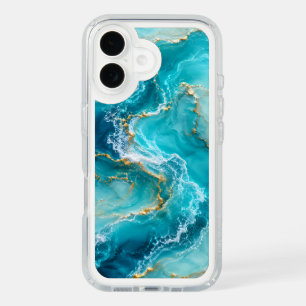 Luxury Turquoise Ocean Marble with Gold Foil Waves iPhone 16 Case