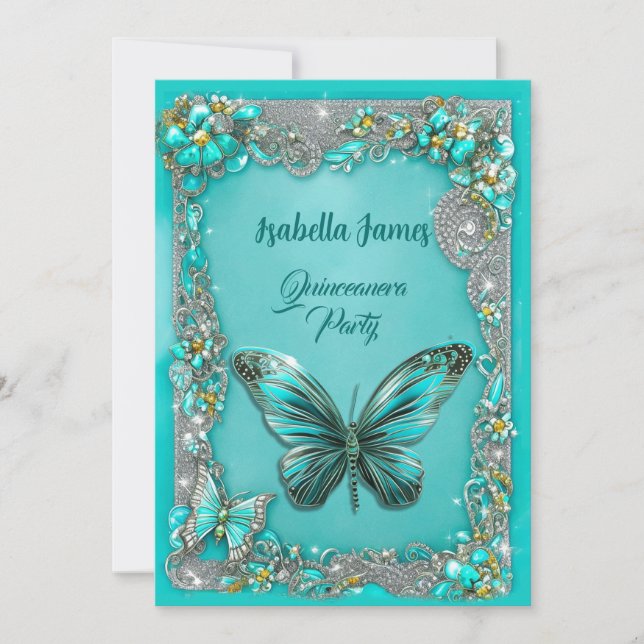 luxury turquoise Quinceanera party Butterfly chic  Invitation (Front)
