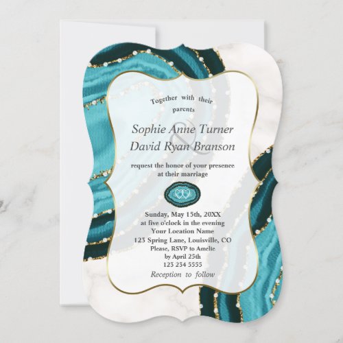 Luxury Turquoise Watercolor Agate Pearls Wedding Invitation