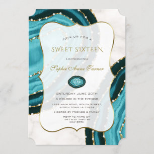 Luxury Turquoise Watercolor Agates Sweet Sixteen Invitation