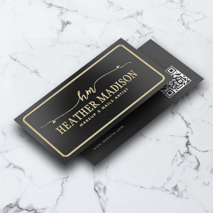 Luxury Unique Fancy Monogram QR Code Black Foil Business Cards