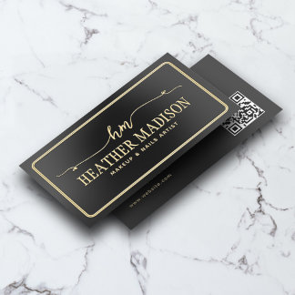 Luxury Unique Fancy Monogram QR Code Black Foil Business Cards