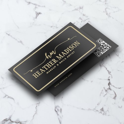 Luxury Unique Fancy Monogram QR Code Black Foil Business Cards