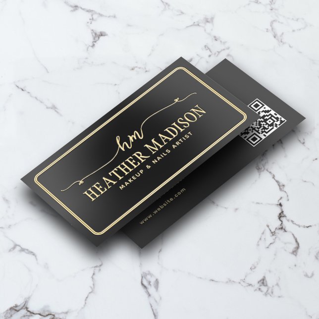 Luxury Unique Fancy Monogram QR Code Black Foil Business Cards (Creator Uploaded)