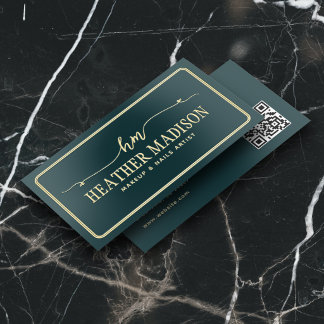 Luxury Unique Fancy Monogram QR Code Teal Foil Business Cards