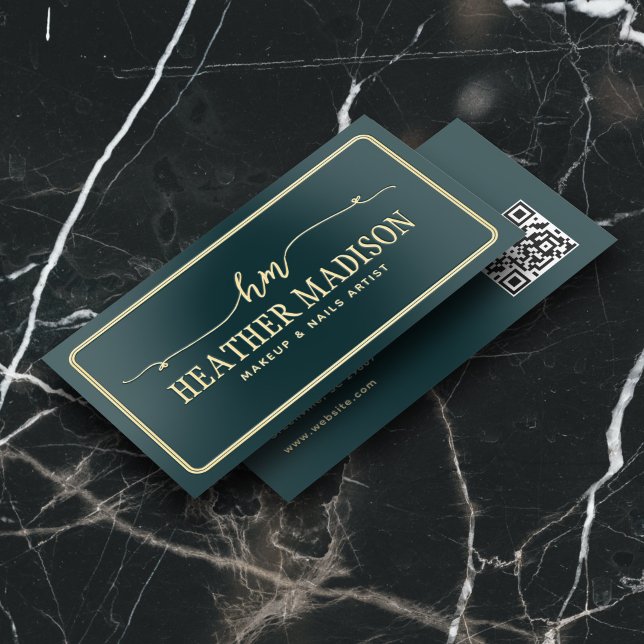 Luxury Unique Fancy Monogram QR Code Teal Foil Business Cards (Creator Uploaded)
