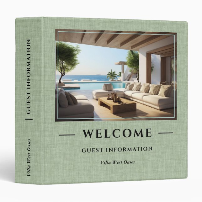 Luxury Vacation Welcome Info Sage-Green Linen 3 Ring Binder (Front/Spine)