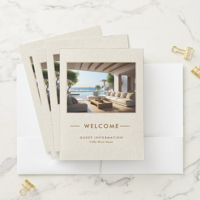 Luxury Vacation Welcome Informations Beige Linen Pocket Folder (In Situ)
