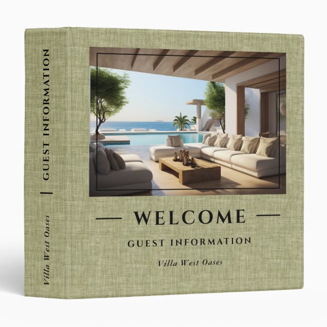 Luxury Vacation Welcome Informations Green Linen 3 Ring Binder (Front/Spine)