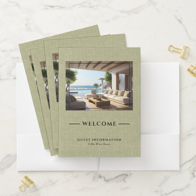 Luxury Vacation Welcome Informations Green Linen Pocket Folder (In Situ)