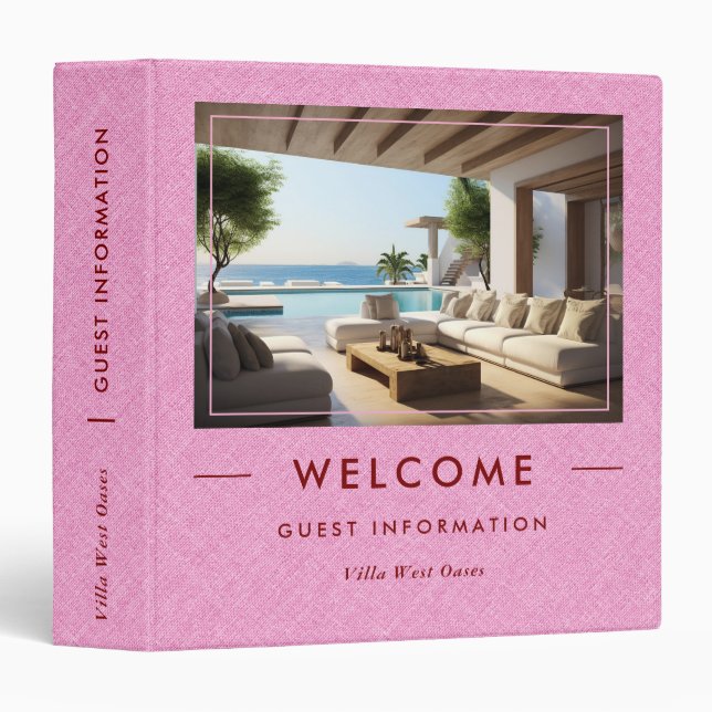 Luxury Vacation Welcome Informations Pink Linen 3 Ring Binder (Front/Spine)