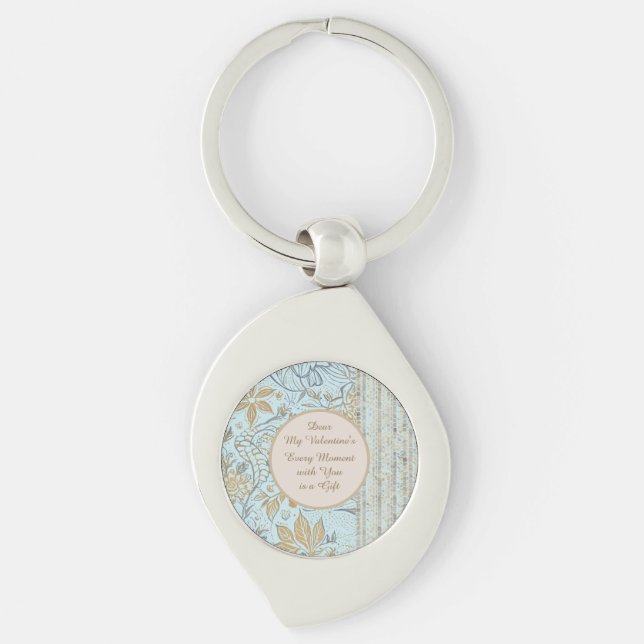 Luxury, Valentine's Day,Gold Soft Blue Flowers Art Keychain (Front)