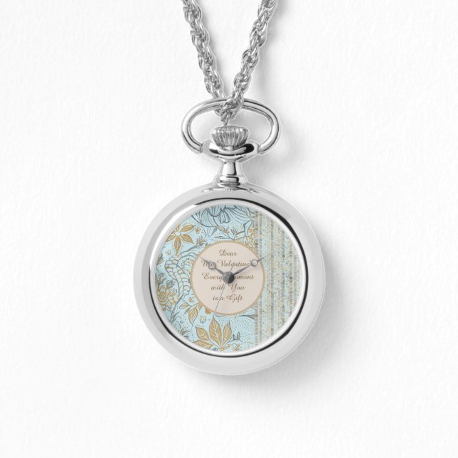 Luxury, Valentine's Day,Gold Soft Blue Flowers Art Watch (Front)