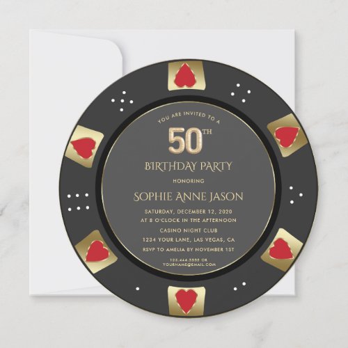 Luxury Vegas Gold Poker Chip 50th Birthday  Invitation