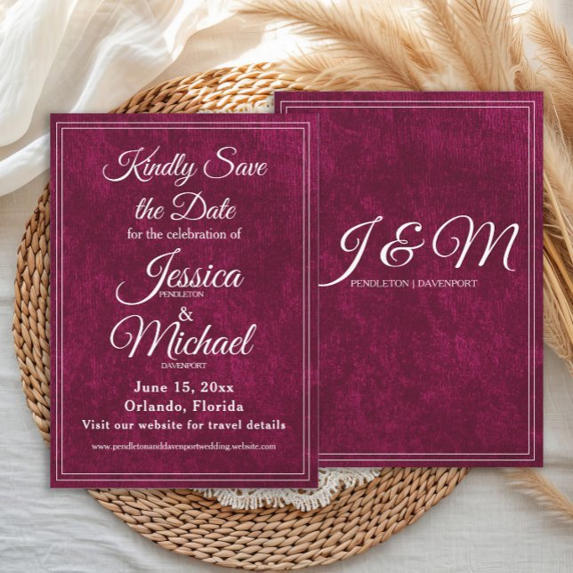 Luxury Velvet Burgundy Berry Monogram Wedding Save The Date (Elegant, luxury wedding Save the Date with monogram back)