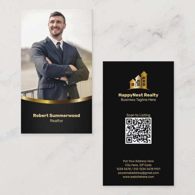 Luxury Vertical Real Estate Agent Photo Black Gold Business Card (Front/Back)