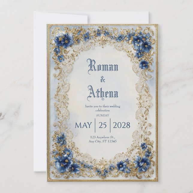 Luxury Victorian Blue Gold Ornate Oval Wedding Invitation (Front)