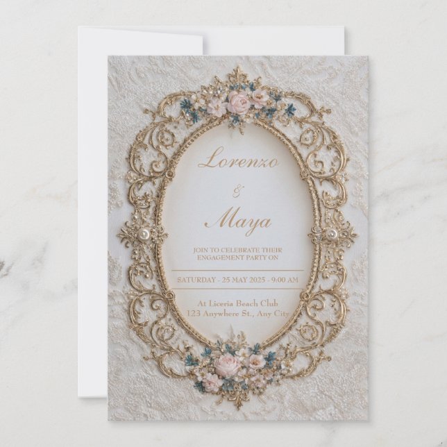 Luxury Victorian Gold Pearl Rose Oval Wedding Invitation (Front)