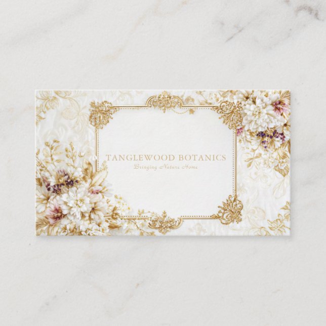 Luxury Victorian Gold Rococo Frame White Floral Business Card (Front)