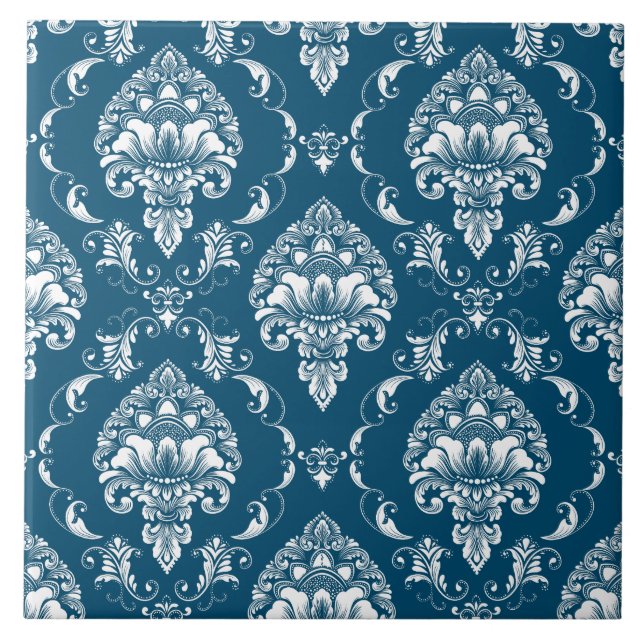 Luxury Victorian trendy navy blue and white classy Ceramic Tile (Front)