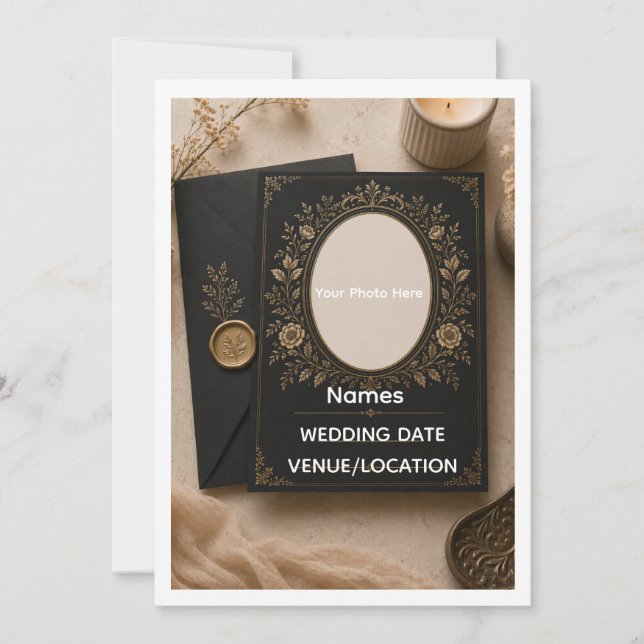 Luxury Vintage Black & Gold Wedding Invitation (Front)
