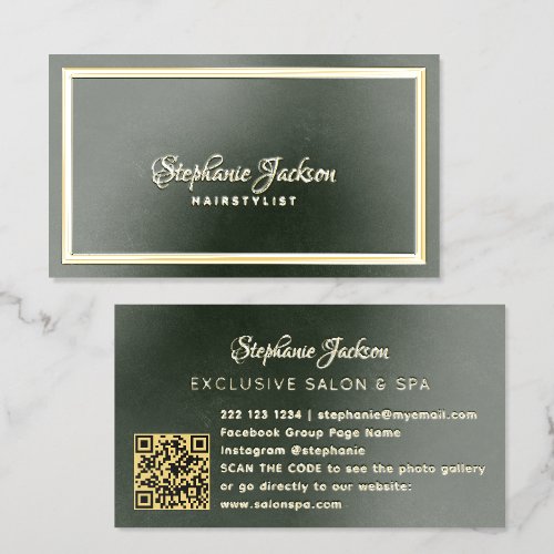 Luxury vintage dark green beauty salon QR code Foil Business Cards