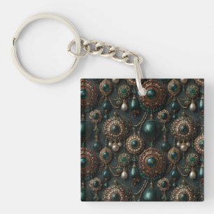 Luxury Vintage Emerald and Pearl Jewelry Pattern Keychain